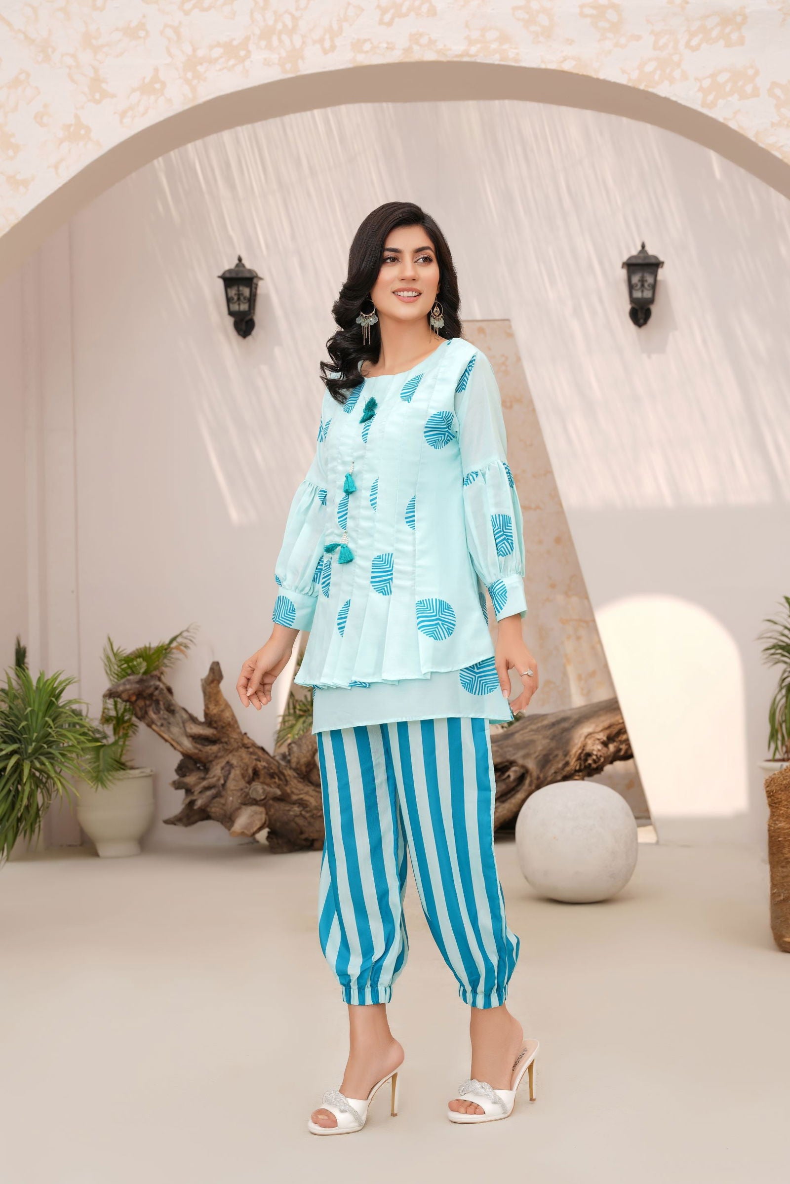 🌸 Aqua Blue Leaf Print Shirt with Striped Trousers 138🌸 - sabajeez.com